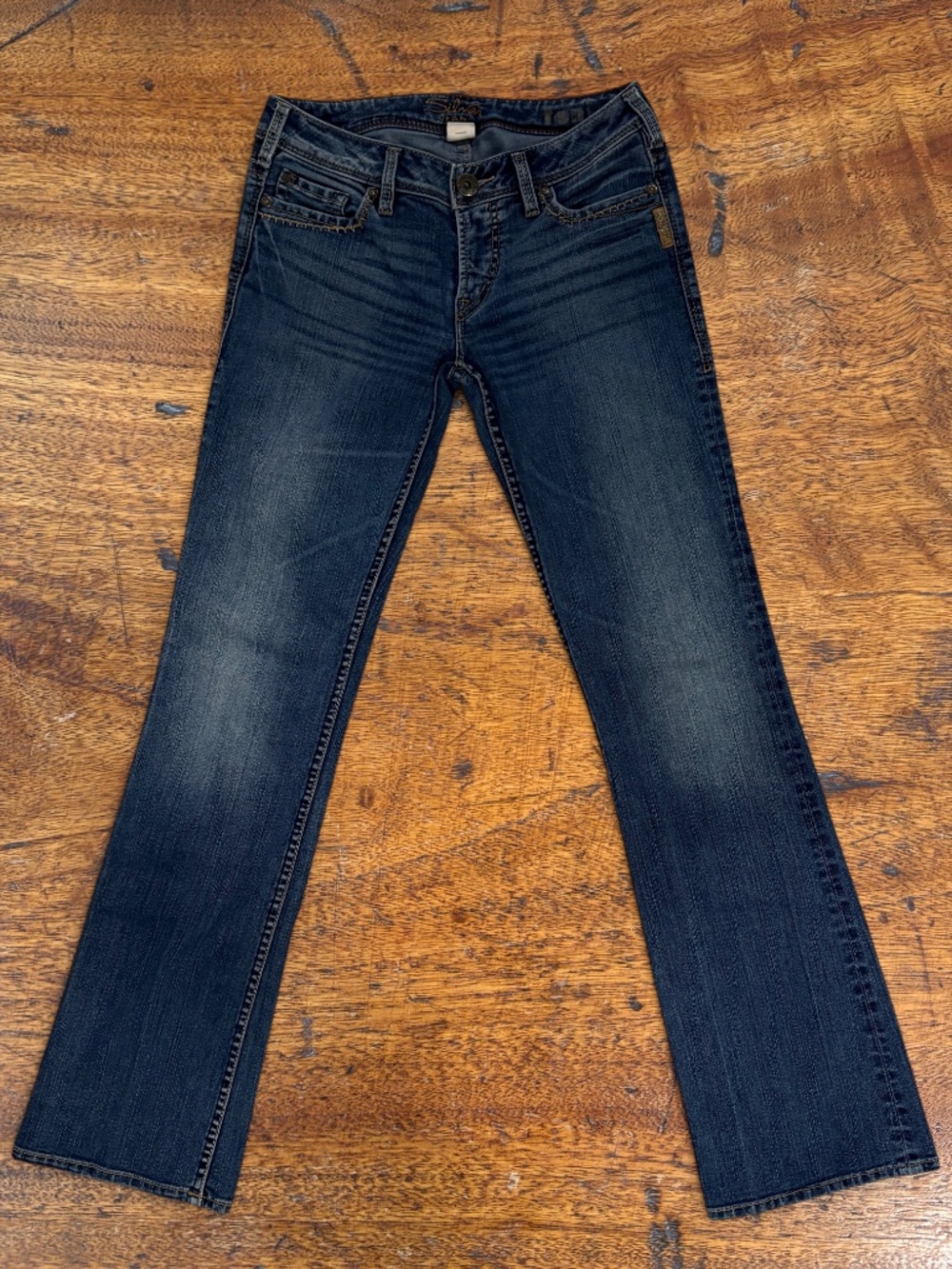 Silver Jeans Co Suki Low Slim Bootcut Jeans Medium Wash Thick Stitch Size 28